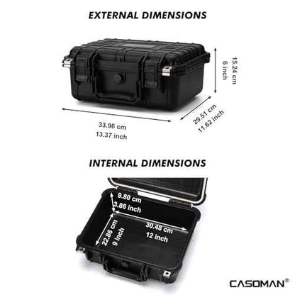 CASOMAN Water-proof and Dust-proof Protective Sturdy Plastic Storage Case with Cush-Proof Sponge and Customizable Foam, IP67 Water Proof Grade, 13.4" X 11.6" X 6"