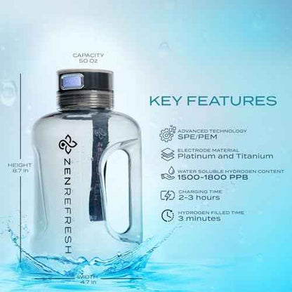 50 Oz Hydrogen Water Bottle, 2025 New SPE/PEM Technology, Large Gym Hydrogen Bottles, Travel Hydrogen Water Bottle Generator With Straw & Additional Cap, USA Brand, Up to 1800 ppb - Black