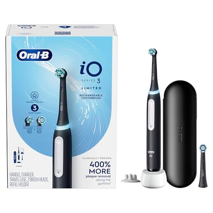 Oral-B iO Deep Clean Rechargeable Electric Powered Toothbrush, White with iO Series 3 Limited, 2 Brush Heads and Travel Case - Pressure Sensor to Protect Gums - 3 Cleaning Settings - 2 Minute Timer
