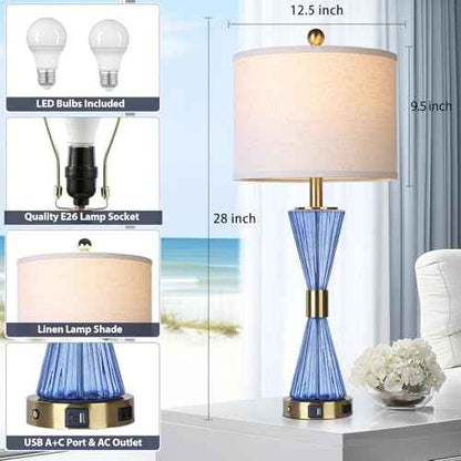 28" Blue Glass Table Lamp Set of 2 with USB C+A Ports and AC Outlet, 3 Way Touch Modern Bedside Lamps for Night Stands, Coastal Nightstand Lamps for Bedroom Living Room