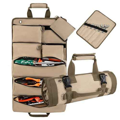 Heavy Duty Portable Soft Tool Storage Organization,Tool Bag with Detachable Pouches for Mechanics, Wall/Car Mountable, Foldable Rollup Organizer for Mechanics & Electricians