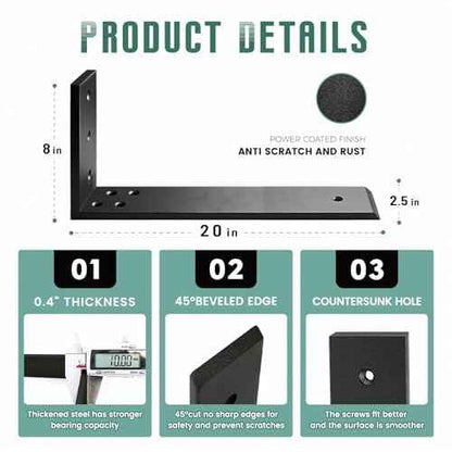 Countertop Support Brackets 2 Pack L Bracket Countertop Brackets 20" x 8" x 2.5" Heavy Duty 3/8" Thick Shelf Brackets Metal Corbels L Shape Bracket for Wood Shelf/Quartz/Granite/Concret Countertops