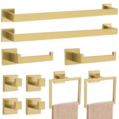 23.6Inch Brushed Gold Towel Bar Set, 10 Pieces Bathroom Accessories Set, SUS304 Stainless Steel Towel Racks Toilet Paper Holder Set for Bathroom Wall Mounted
