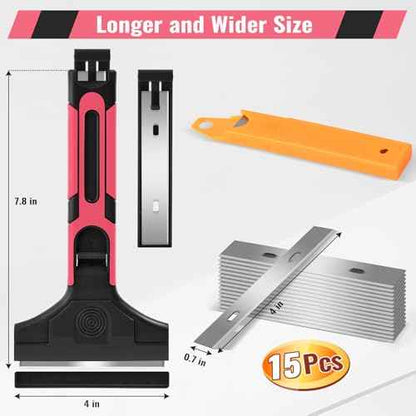 4" Razor Blade Scraper, Scraper Tool with 15pcs Razor Blades, Scrapper for Cleaning Paint, Sticker & Caulk Remover Tool, Glass Scraper for Windows, Stove Top, Oven, Cooktop, Floor, Tile