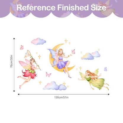 Tanlaby Fairy Wall Decals Elf Moon Clouds Wall Stickers Peel and Stick Art Decor for Girls Bedroom Baby Nursery Kids Toddler Playroom