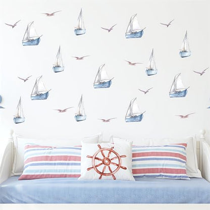 6 Sheets 48 Pcs Blue Sailboats Gulls Ins Style Wall Stickers, sacinora Travel Adventure Wanderlust Sailboat Nautical DIY Wall Decals Removable Vinyl Peel and Stick for Nursery Bedroom Playroom Decor