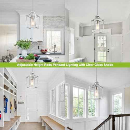 Brushed Nickel Lantern Pendant Light Fixture Pendant Lights for Kitchen Island with Clear Glass Shade, Adjustable Height Rods Pendant Lighting for Dining Room Kitchen Foyer Hallway