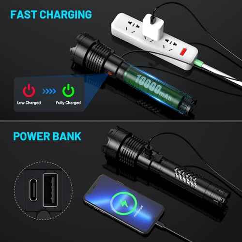 Rechargeable LED Flashlights 6000.000 High Lumens, Super Bright Flashlight with Input and Output Functions, Tactical Flashlight for Camping Home Emergencies (Large, Piece, 1)