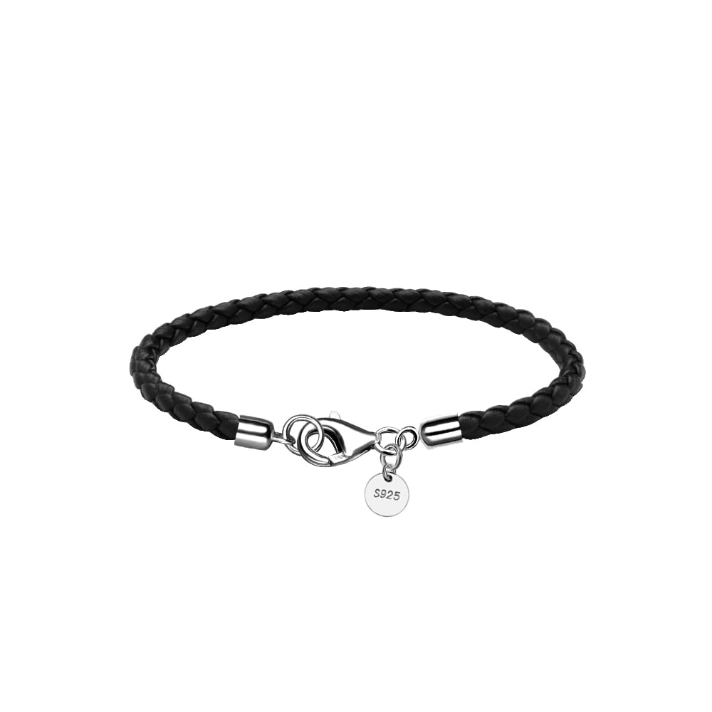 JEVINDA Leather Bracelet for Men Women 4MM Braided 925 silver Clasp 20/21cm with Jewelry Gift Box Handcrafted (Black, 7.8'')