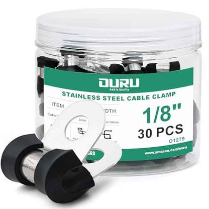 30pcs 1/8 Inch Stainless Steel Cable Clamps,Rubber Coated Cushioned Insulated Cable Clamp,Automotive Cable Wire Clamps,Pipe Clamps,Metal Clamp for Tube,Lines,Wire Cord Installation(Black,3mm)