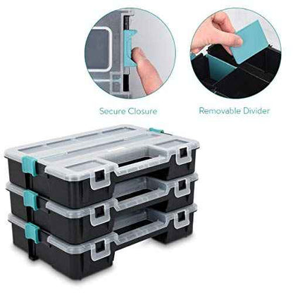 Navaris Plastic Storage Box - Stackable Organizer Case with Adjustable and Removable Divider Compartment for Tools, Small Items, Jewelry - 3 Boxes