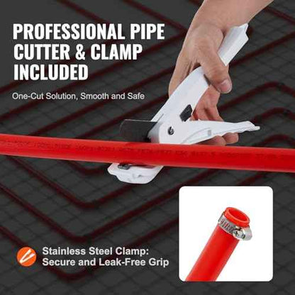 VEVOR PEX-B Pipe 3/4 Inch x 100 Feet, Non-Oxygen Barrier Flexible Pipe Tubing, Red for Hydronic Radiant Floor Heating, Water Plumbing Applications with Cutter& Clamps