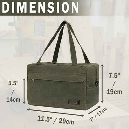 16OZ Waxed Canvas Tool Storage Bag, Heavy Duty Hand Tools Organizer with Hidden Zipper Pocket & 4 Internal Slots & Carrying Handle | Army Green | Multi-Purpose Tool Bag for Mechanic Electrics - S