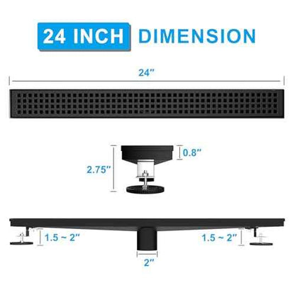 24 Inch Black Linear Shower Drain, Rectangular Shower Floor Drains with Square Hole Cover, 304 Stainless Steel Linear Drain with Leveling Feet, Hair Strainer (Matte Black)