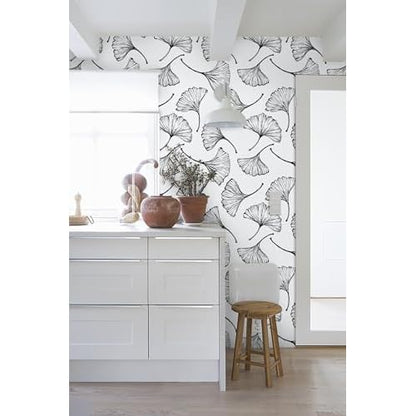 CiCiwind Black and White Peel and Stick Wallpaper Removable Self-Adhesive Wall Paper for Bedroom Bathroom Ginkgo Leaves Contact Paper Modern for Living Room 17.3In¡¿118In