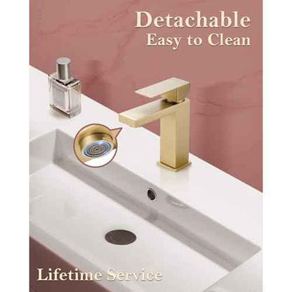 Brushed Gold Single Hole Bathroom Faucet - 304 Stainless Steel, Low-Profile Design with Metal Pop-Up Drain for Modern Vanities, Easy Install