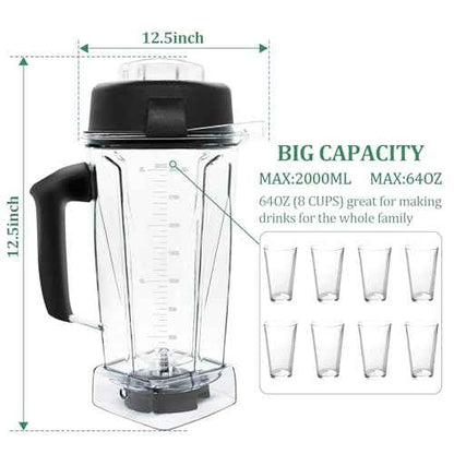 For Vitamix Blender Pitcher 64 oz. -60865, Clear, 5200 Replacement Container for Vitamix 4500,5000,5300,6000,6300,6500,7500,200,300,500,750,780,VM0102,VM0103, etc. 2-year full warranty