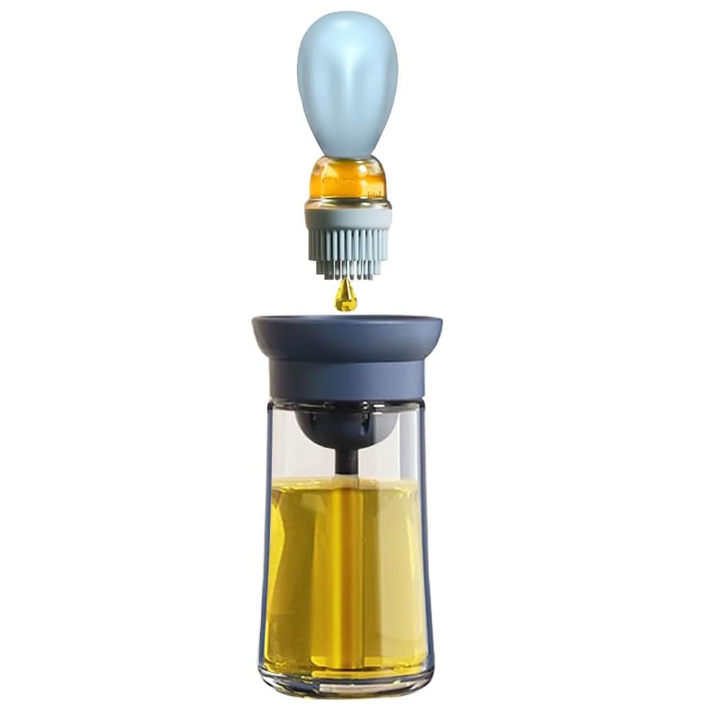 TINMIX Oil Dispenser with Brush - Glass Olive Oil Dispenser for Cooking, 2 IN 1 Oil Dispensing Bottle for Kitchen with Silicone Basting Brush for Vinegar Sauce BBQ Grill Frying, T-OB21, Blue