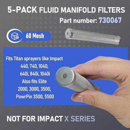 5-Pack 730-067 60 Mesh Fluid Manifold Filter, Compatible with Titan 440 Paint Sprayer, 540, 640, 740, 1040i, 640i, 840i, Elite 2000, PowrPin 3500 5500, Paint Sprayer Parts Replacement