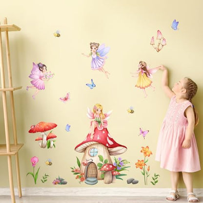 Supzone Mushroom House Fairy Wall Decals Elf Flowers Butterflies Wall Stickers Peel and Stick Vinyl Wall Art Decor for Girls Baby Nursery Bedroom Living Room