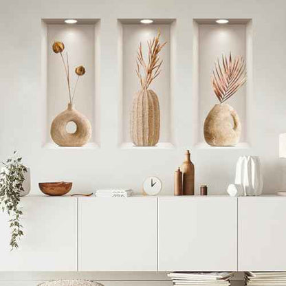 3D Dried Flower Vase Wall Stickers, 3Pcs Rustic Blossom PVC Wall Decals, Removable 3D Floral Wall Art for Living Room, Bedroom, Entryway, Sofa Backdrop, Yoga Studio, Office, Home Decor