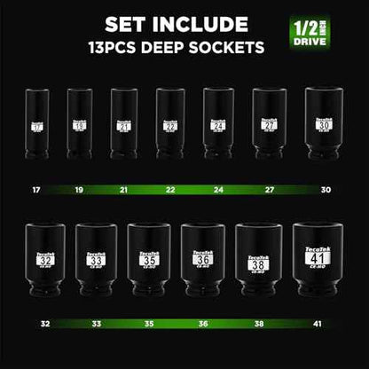 1/2" Drive Deep 6-Point Impact Socket Set, 13-Piece Spindle Axle Nut Impact Socket Set, Cr-Mo, Metric (17mm to 41mm), Enhanced Storage Case