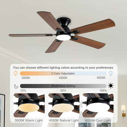 Ceiling Fans with Lights, 52 Inch Low Profile Ceiling Fan with Light and Remote, Flush Mount Ceiling Fan, 3CCT, Dimmable, Noiseless, Ceiling Light Fan for Bedroom, Indoor/Outdoor Use,Brown