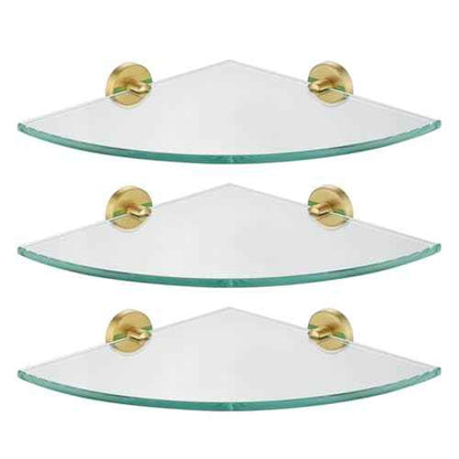 JQK Corner Glass Shelf, Brushed Gold Bathroom 304 Stainless Steel Shower Triangle Floating Wall Shelf, 10 x 10 Tempered Glass, 3 Pack, TGS190L10-BG-P3