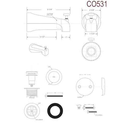 Westbrass CO531-62 5-1/4" Front Diverter Tub Spout with Tip-Toe Drain and 2-Hole Overflow Trim, Matte Black