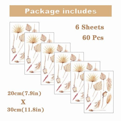 6 Sheets 60 Pcs Wheat Ear of Wheat Peacock Feathers Wall Stickers, sacinora Yellowish Maple Leaf DIY Natural Wall Decals Removable Vinyl Peel and Stick for Living Room Bedroom Art Home Decor