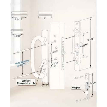 Offset Sliding Patio Door Handle Set with Mortise Lock & Keys | 45¡Æ Keyway | Fits 1-3/8" to 2" Doors | 3-15/16" Hole Spacing | Zinc Alloy | Non-Handed | Matte White Diecast