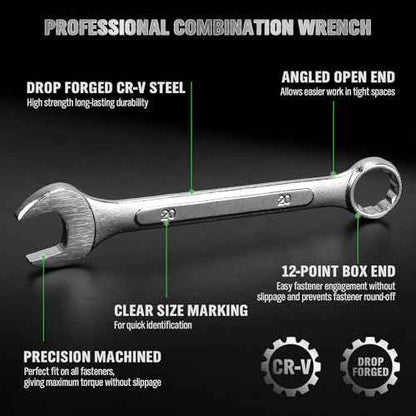 19-Piece Metric Combination Wrench Set, 6-24mm Standard Spanner Wrench Set, Mechanic Tool Sets with Rolling Pouch, Open End Wrenches for Household, Garage, Workshop, Auto Repairs