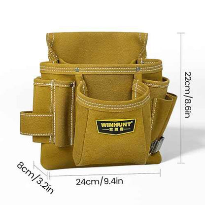 Leather Tool Pouch, Multiple Pockets, Tan Suede Construction, Professional Carpenter Utility Bag
