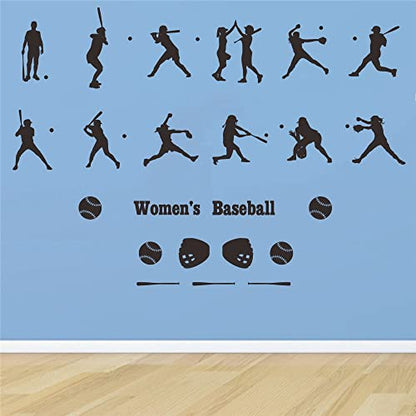Women's Baseball Wall Sticker-12 Action Silhouettes of Female Players-Softball Pitcher and Batter Decals-Removable PVC Wall Art for Baseball Lovers for Sports Enthusiasts-31 x44 Inch(JWH199-black)