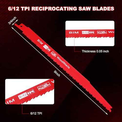 Gisafai 50 Pcs 6/12 Tpi Reciprocating Saw Blades Bi Metal Wood Cutting with Storage Case Pruner for Embedded PVC Pallets Longer Life and Faster Speed (9 Inch,6/12 Tpi)