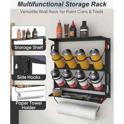 Spray Paint Can Holder with Paper Towel Holder for Home Garage Organizer, Wall Mount Paint Bottle Tool Utility Storage Rack with 8 Holes & 2 Shelf for Shop, Black