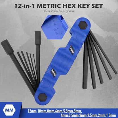 34-Piece Large Folding Hex Key Set, SAE Hex (3/32"-1/2"), Metric Hex (1.5-12mm) & Torx (T9?T55), 3-in-1 Heavy Duty Allen Key Set for Archery, Bike Repair, Furniture & Home Maintenance