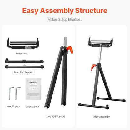 VEVOR 2-Pack Stands 250 lbs Load Capacity, 27-43 in Adjustable Height, Folding Heavy Duty with Polished Steel Roller Head & Edge Guides, for Table Saw Outfeed Woodworking Extension Support, Black