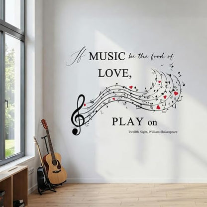 Music Quote Wall Decal,If Music Be The Food of Love Wall Sticker,Shakespeare Quote with Musical Notes for Home,Studio or Classroom