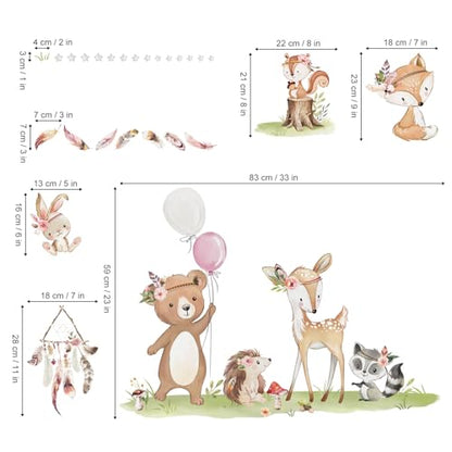 decalmile Boho Woodland Animals Wall Stickers Deer Bear Fox Rabbit Wall Decals Baby Nursery Kids Bedroom Living Room Wall Decor