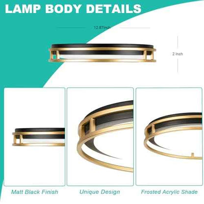 13 Inch LED Flush Mount Ceiling Light Fixture, 26W, Super Bright 1700 Lumens, 3 Color 3000K/4000K/5000K, Dimmable Ceiling Lamp for Bedroom Hallway Bathroom Kitchen Laundry (Black Gold)