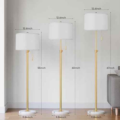 PARTPHONER Floor Lamp for Living Room, 66'' Adjustable Height Standing Lamp with Marble Base, 3-Color Tall Lamps with Pull Chain, Suitable for Bedroom, Reading, Office (Bulb Included, White Shade)