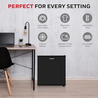 Honeywell Compact Refrigerator 1.6 Cu Ft Mini Fridge with Freezer, Single Door, Low noise, for Bedroom, Office, Dorm with Adjustable Temperature Settings, Black