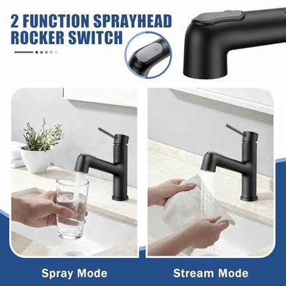 HURRAN Pull-Out Bathroom Faucet, Single Lever Basin Mixer with 2 Water Flow Modes, Short Design, Stainless Steel, Matte Black