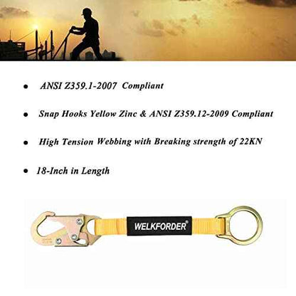 [2-PACK] 18-Inch D-Ring Extender Fall Protection with Snap Hook Connector and "O" Ring ANSI Compliant