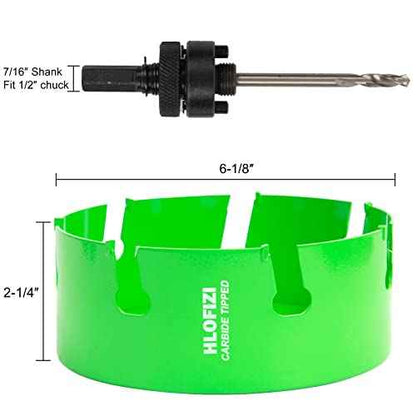6-1/8 Inch Carbide Tipped Hole Saw for 6" Recessed Lights Multi-Material Hole Cutter with Arbor for Hard Wood, Drywall, Plaster Ceiling, Sheetrock, Plastic, Fiberglass, 5X Faster, Green