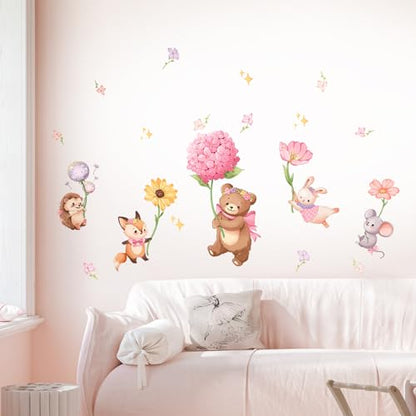 Pink Cartoon Animal Wall Decals, Bear Squirrel Rabbit Holding Flowers Flying Wall Stickers Peel and Stick Wall Decal Self Adhesive Wall Art Sticker for Girls Baby Nursery Kids Room Home Decor