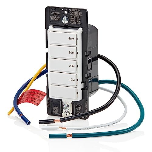 Leviton Countdown Timer Switch for bathroom fan and household lights, 5-10-15-30 min, No Neutral Required, Single Pole, 15A, 1/2 HP/9.8A Fan/Motor, DT130-1LW, White