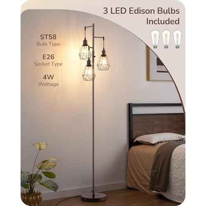 EDISHINE 70IN Industrial Floor Lamps for Living Room, Dimmable Farmhouse Corner Reading Lamp, Diamond-Shaped Lampshade, 3 LED Edison Bulbs Included, Rustic Tree Standing Lamp for Bedroom, Brown