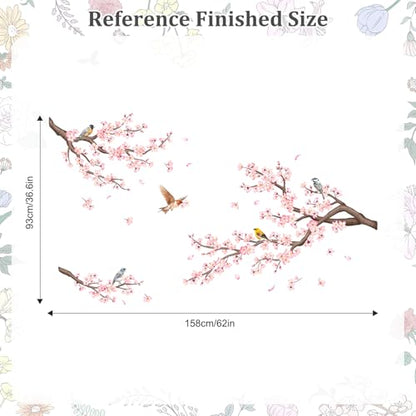 Pink Cherry Blossom Branch Wall Decals, Flowers Birds Wall Stickers Vinyl Peel and Stick Wall Decal Self Adhesive Wall Art Sticker for Aisle Bedroom Offices Sofa TV Backdrop Wall Home Decor